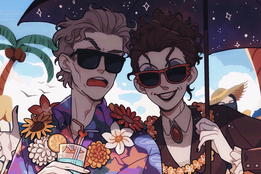 1boy, 1girl, alternate_costume, black_nails, black_umbrella, brown_hair, brown_jacket, chinese_commentary, collared_shirt, commentary_request, cup, day, doctor_who, drinking_glass, drinking_straw, eyeshadow, flower, flower_necklace, grey_hair, hawaiian_shirt, highres, holding, holding_cup, holding_umbrella, jacket, juanmao, lei, long_sleeves, looking_at_viewer, makeup, missy_(doctor_who), open_mouth, outdoors, palm_tree, parasol, people, ponytail, purple_eyeshadow, raised_eyebrow, shared_umbrella, shirt, simple_bird, smile, suit_jacket, sunglasses, teeth, the_doctor_(doctor_who), tree, twelfth_doctor_(doctor_who), umbrella, upper_body, white_shirt