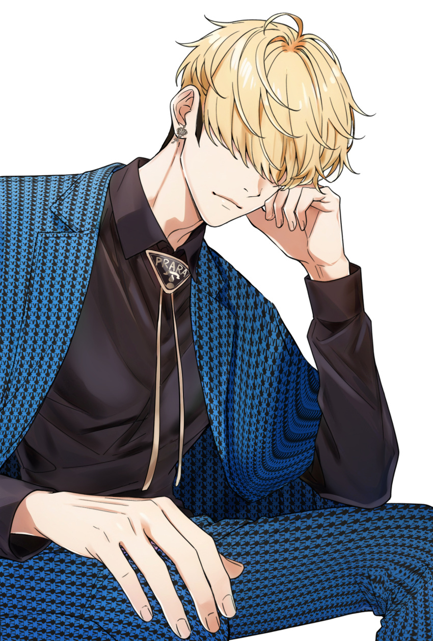 1boy, black_hair, black_shirt, blonde_hair, blue_jacket, blue_pants, earrings, hair_over_eyes, hand_up, highres, hong_jae-yeol, jacket, jewelry, long_hair, long_sleeves, lookism, multicolored_hair, open_clothes, open_jacket, pants, serious, shirt, simple_background, sitting, two-tone_hair, wasabi963, white_background