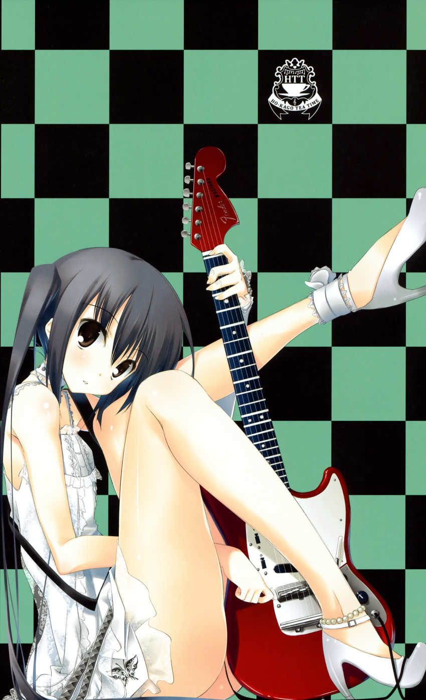 absurdres, ankle_garter, anklet, bare_legs, bare_shoulders, black_eyes, black_hair, fender