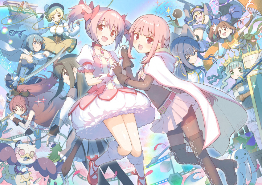 6+girls, :o, a-q_(madoka_magica), akemi_homura, aki_mabayu, armlet, armor, armored_boots