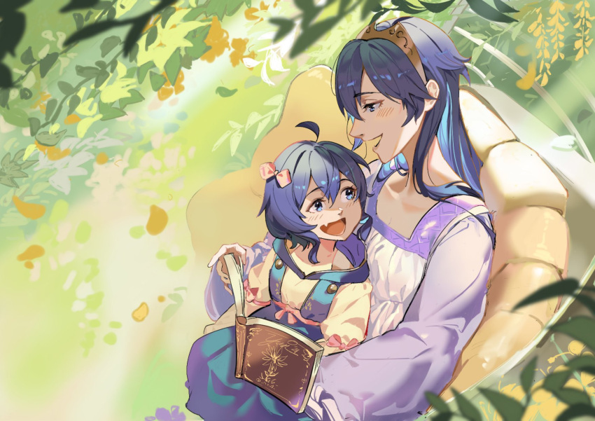 2girls, :d, aged_down, ahoge, blue_dress, blue_eyes, blue_hair, book