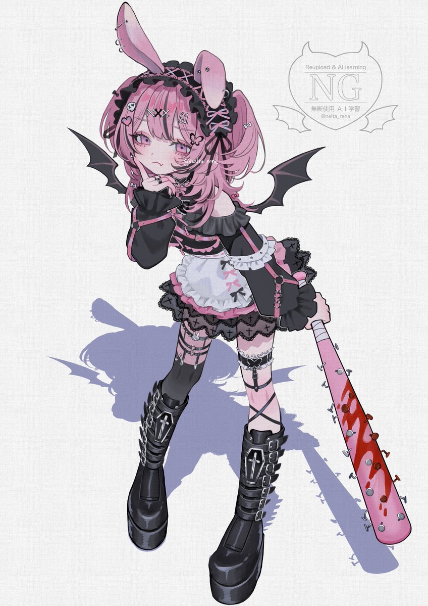 1girl, animal_ears, apron, baseball_bat, bat_wings, black_boots, black_skirt, boots