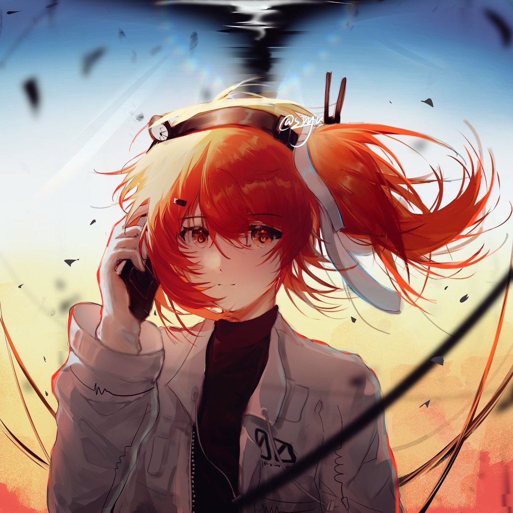1girl, a.i._voice, adachi_rei, arm_up, black_hairband, black_shirt, blue_background, cable