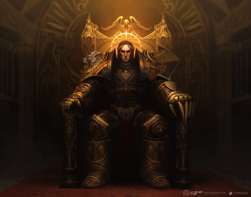 1boy, aquila_(symbol), armor, armored_boots, artist_name, bird, black_background, black_hair