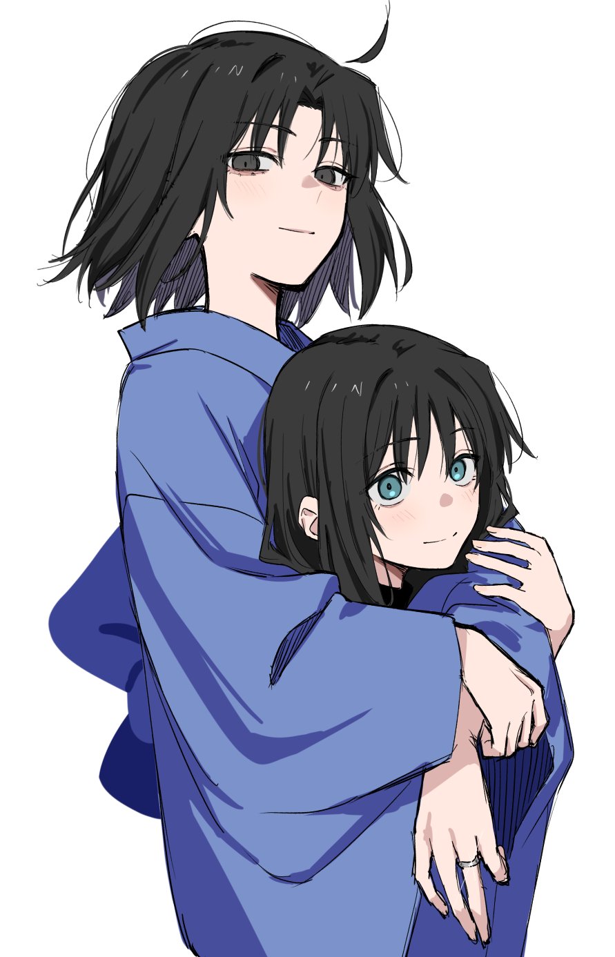 2girls, ahoge, black_eyes, black_hair, blue_eyes, blue_kimono, blush, commentary_request