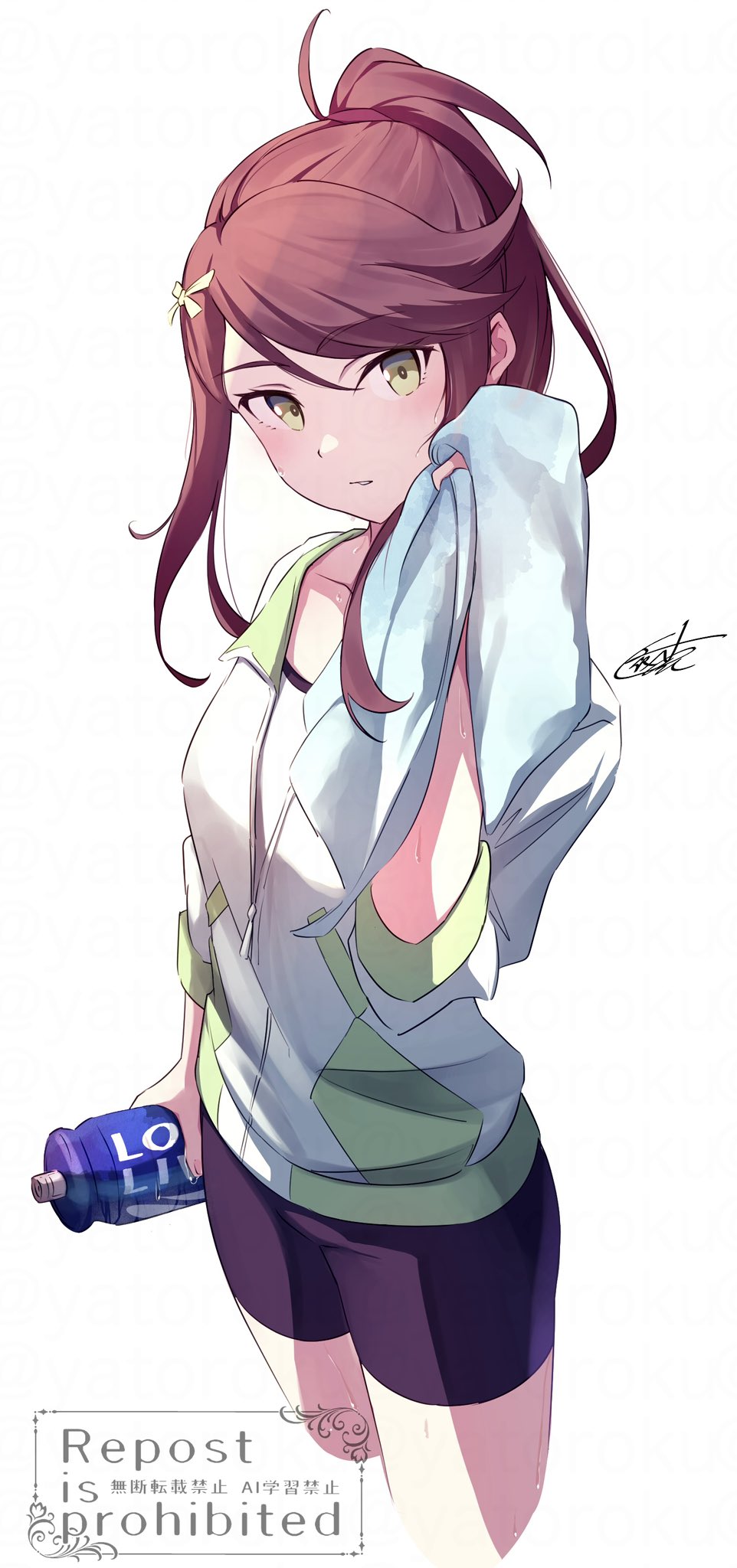1girl, ahoge, bike_shorts, black_shorts, bottle, brown_hair, commentary_request, gotou_akira_(love_live!)