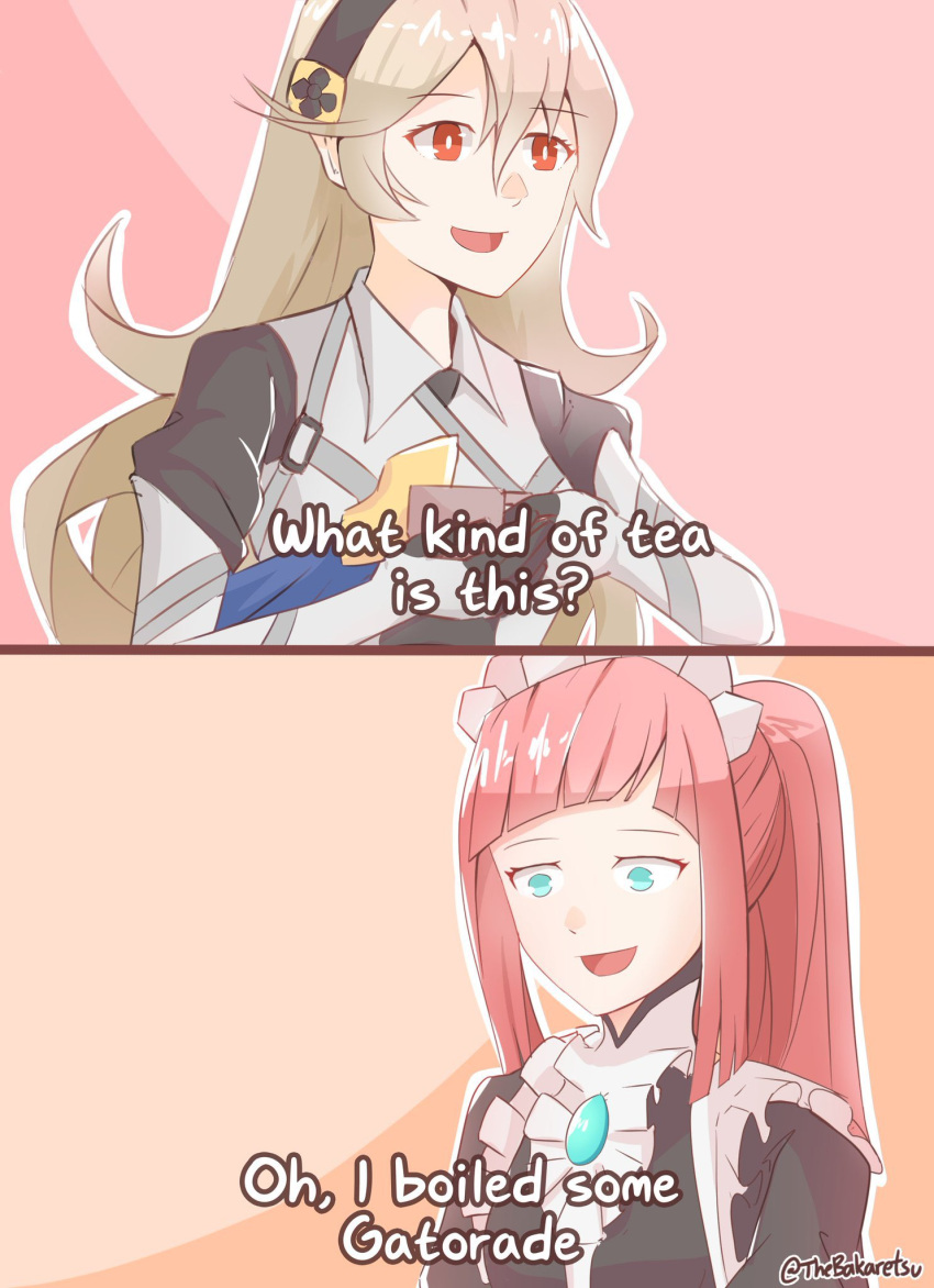 2girls, bakaretsu, black_hairband, blue_eyes, feather_trim, felicia_(fire_emblem), female_corrin_(fire_emblem), fire_emblem