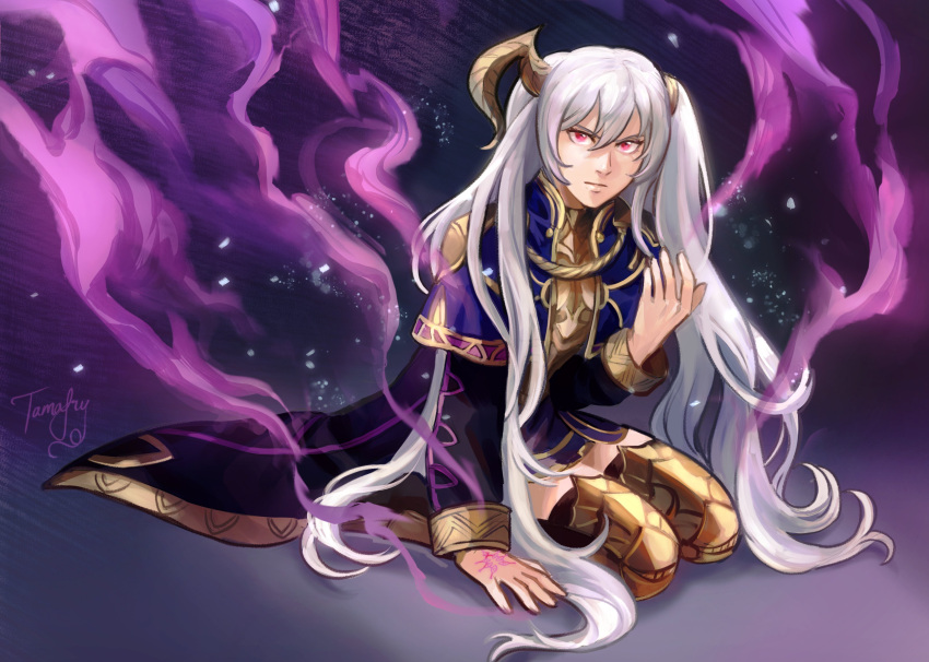 1girl, absurdres, armor, armored_boots, black_robe, black_thighhighs, boots, closed_mouth, commentary, cosplay, english_commentary, eyes_of_grima, female_robin_(fire_emblem), female_robin_(fire_emblem)_(cosplay), female_robin_(grandmaster)_(fire_emblem), fire_emblem, fire_emblem_awakening, hair_between_eyes, highres, horns, knee_boots, long_hair, long_sleeves, open_clothes, open_robe, purple_aura, robe, severa_(fire_emblem), single_horn, sitting, solo, tamafry, thigh-highs, twintails, white_hair