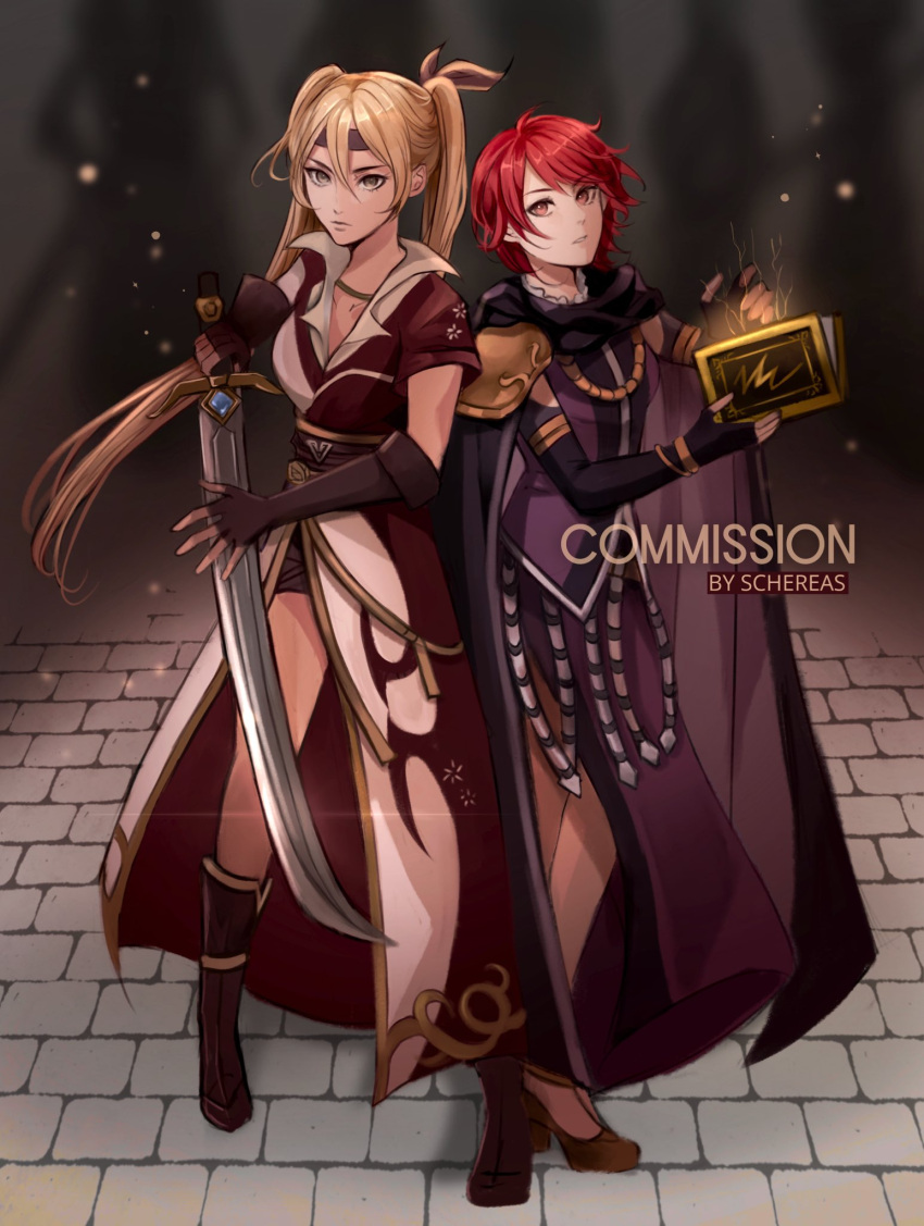 2girls, alternate_costume, armor, artist_name, black_cape, black_gloves, black_shorts, blonde_hair