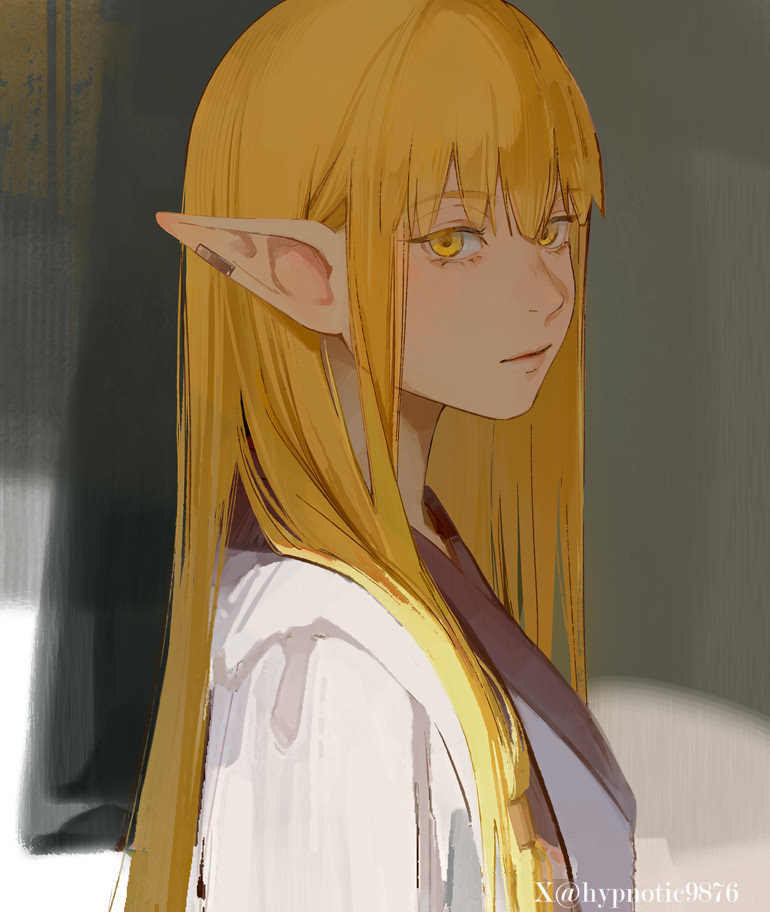 1girl, blonde_hair, closed_mouth, earclip, elf, expressionless, hypnotic9876, long_hair, looking_at_viewer, pointy_ears, portrait, robe, serie_(sousou_no_frieren), shadow, sidelocks, solo, sousou_no_frieren, twitter_username, upper_body, white_robe, yellow_eyes