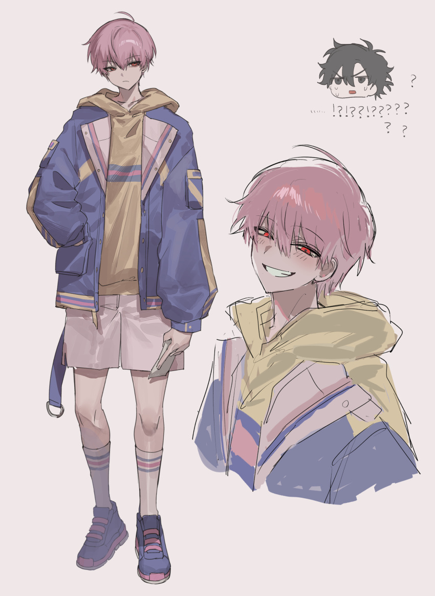 !?, 2boys, ?, absurdres, ahoge, black_eyes, black_hair, blue_jacket, blue_shoes, blush, cheng_xiaoshi, chibi, chibi_inset, chinese_commentary, closed_mouth, full_body, grey_background, grin, hair_between_eyes, hand_in_pocket, highres, holding, holding_photo, hood, hood_down, hoodie, jacket, justjust_monika, li_tianchen, long_sleeves, looking_at_viewer, male_focus, multiple_boys, multiple_views, open_clothes, open_jacket, open_mouth, photo_(object), pink_hair, red_eyes, shiguang_dailiren, shirt, shoes, short_hair, shorts, simple_background, sketch, smile, sneakers, socks, solo_focus, standing, teeth, white_background, white_shorts, white_socks, yellow_hoodie