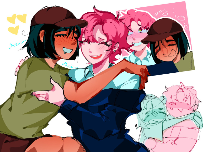 2girls, alien_stage, baseball_cap, black_hair, black_sweater, blush, brown_hat, closed_eyes