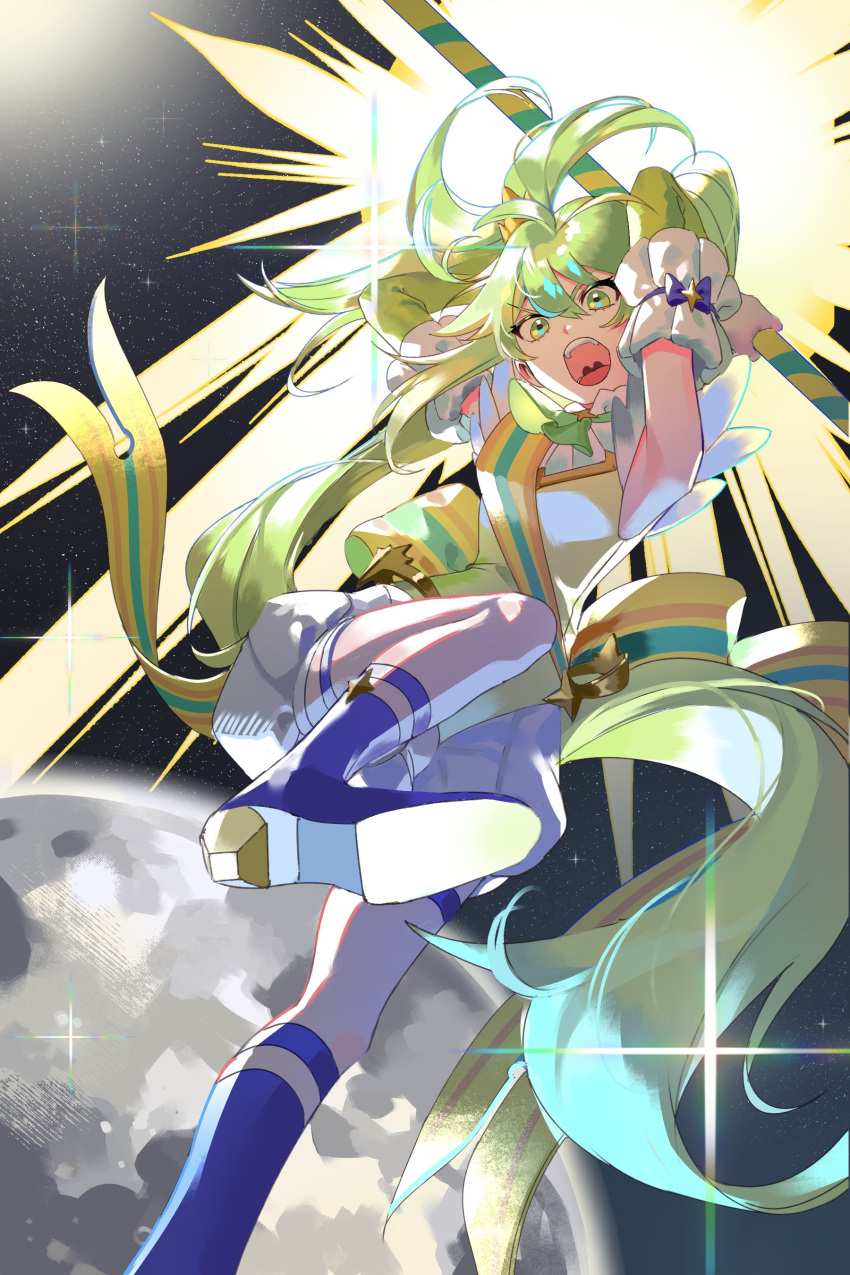 1girl, absurdres, blue_boots, boots, doldol_maeng, green_arm_warmers, green_eyes, green_hair