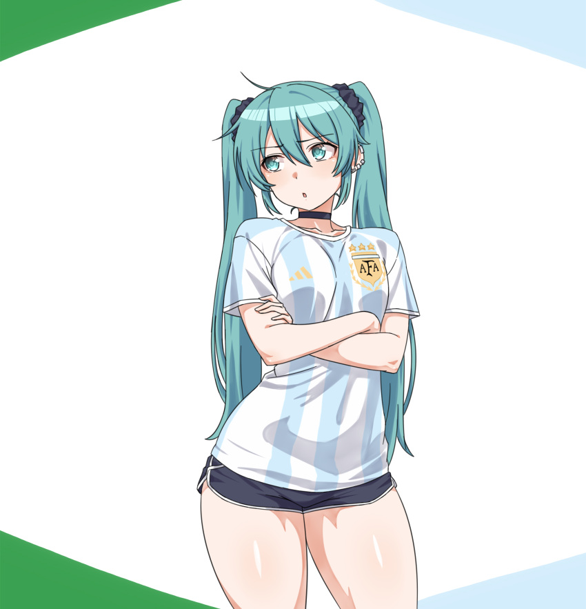 1girl, aqua_eyes, argentinian_miku, black_choker, black_shorts, breasts, choker, cowboy_shot