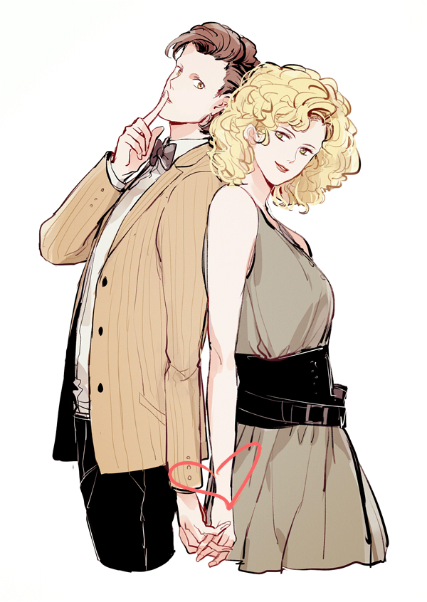 1boy, 1girl, back-to-back, bare_shoulders, belt, black_belt, black_bow, black_bowtie, black_pants, blonde_hair, bow, bowtie, breasts, brown_hair, brown_jacket, collared_shirt, corset, couple, cropped_legs, curly_hair, doctor_who, dress, eleventh_doctor_(doctor_who), finger_to_mouth, green_eyes, grey_dress, heart, hetero, holding_hands, husband_and_wife, jacket, long_sleeves, looking_at_another, open_clothes, open_jacket, pants, parted_lips, reeena, river_song, shirt, short_hair, simple_background, sleeveless, sleeveless_dress, smile, the_doctor_(doctor_who), white_background, white_shirt