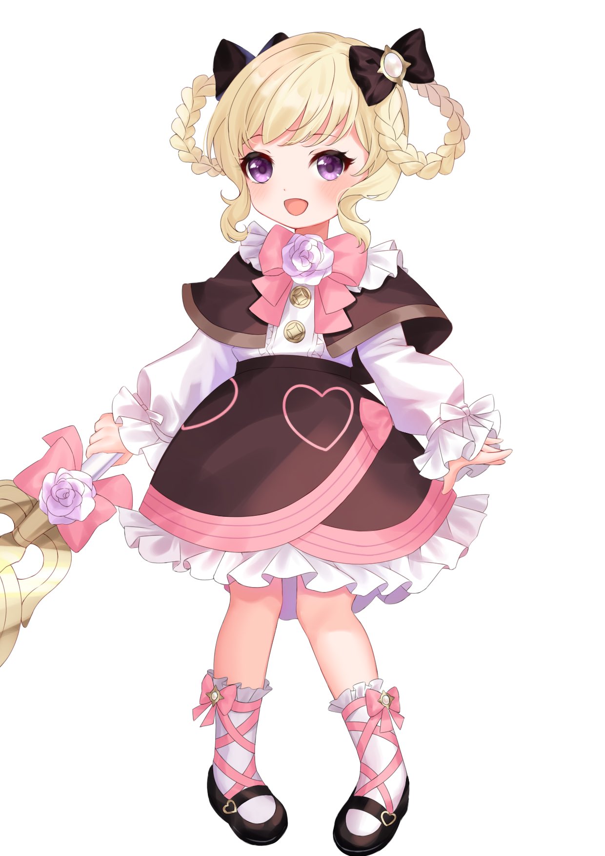 1girl, aged_down, black_capelet, blonde_hair, braid, braided_hair_rings, braided_twintails, capelet, child, elise_(fire_emblem), elise_(sparkling_smile)_(fire_emblem), ell_0314, fire_emblem, fire_emblem_fates, fire_emblem_heroes, flower, hair_rings, highres, holding, holding_staff, rose, solo, staff, violet_eyes, white_flower, white_rose