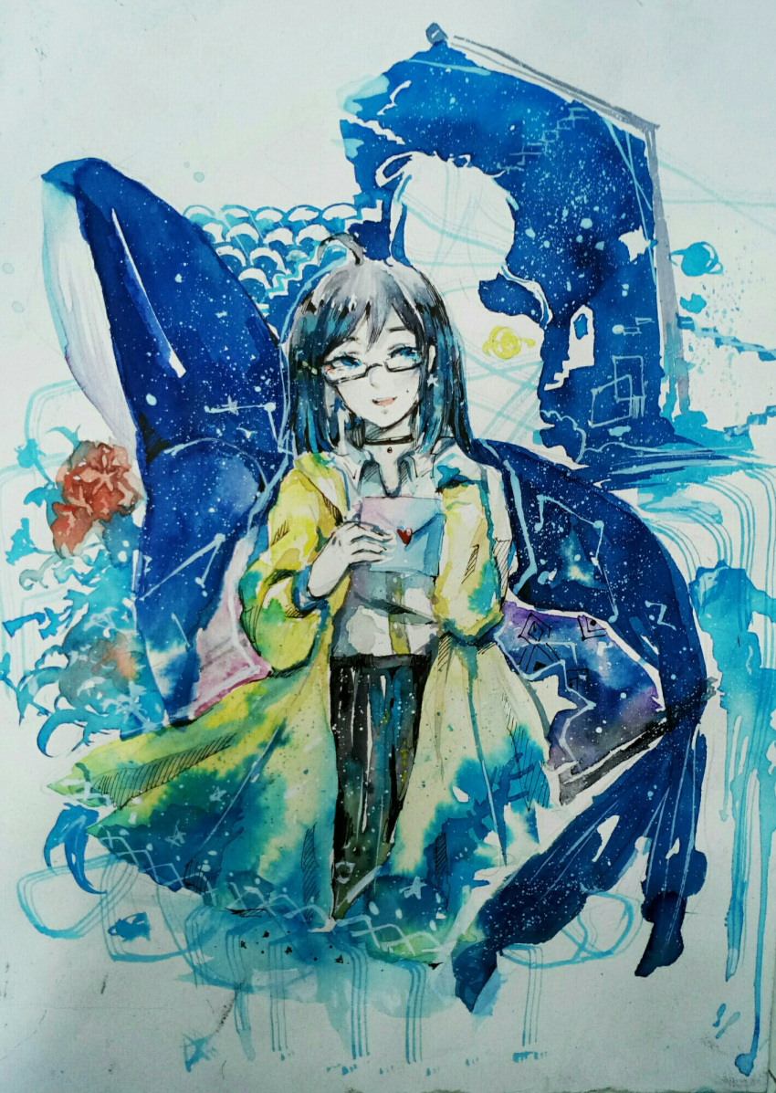 1girl, abstract_background, ahoge, black-framed_eyewear, black_choker, black_hair, black_skirt, blue_hair, buttons, choker, coat, collared_shirt, cropped_legs, envelope, flower, glasses, happy, heart, highres, holding, holding_envelope, hood, hood_down, hooded_coat, kong_tiao_bo_zi, long_hair, long_sleeves, looking_at_viewer, love_letter, miniskirt, multicolored_hair, open_clothes, open_coat, original, painting_(medium), photo_(medium), planet, planetary_ring, pleated_skirt, raincoat, red_flower, shirt, skirt, solo, stairs, streaked_hair, swept_bangs, traditional_media, watercolor_(medium), white_shirt, yellow_coat, yellow_raincoat