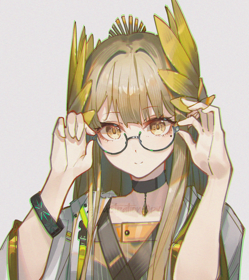 1girl, adjusting_eyewear, arknights, black_choker, brown_hair, chinese_commentary, choker, chromatic_aberration
