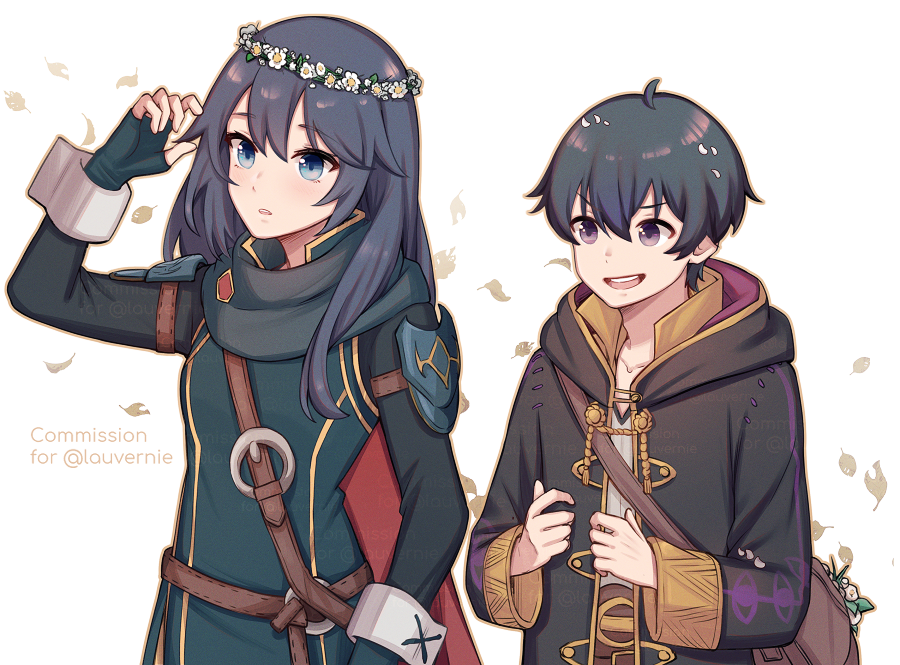 1boy, 1girl, :d, bag, black_robe, blue_eyes, blue_gloves, blue_hair