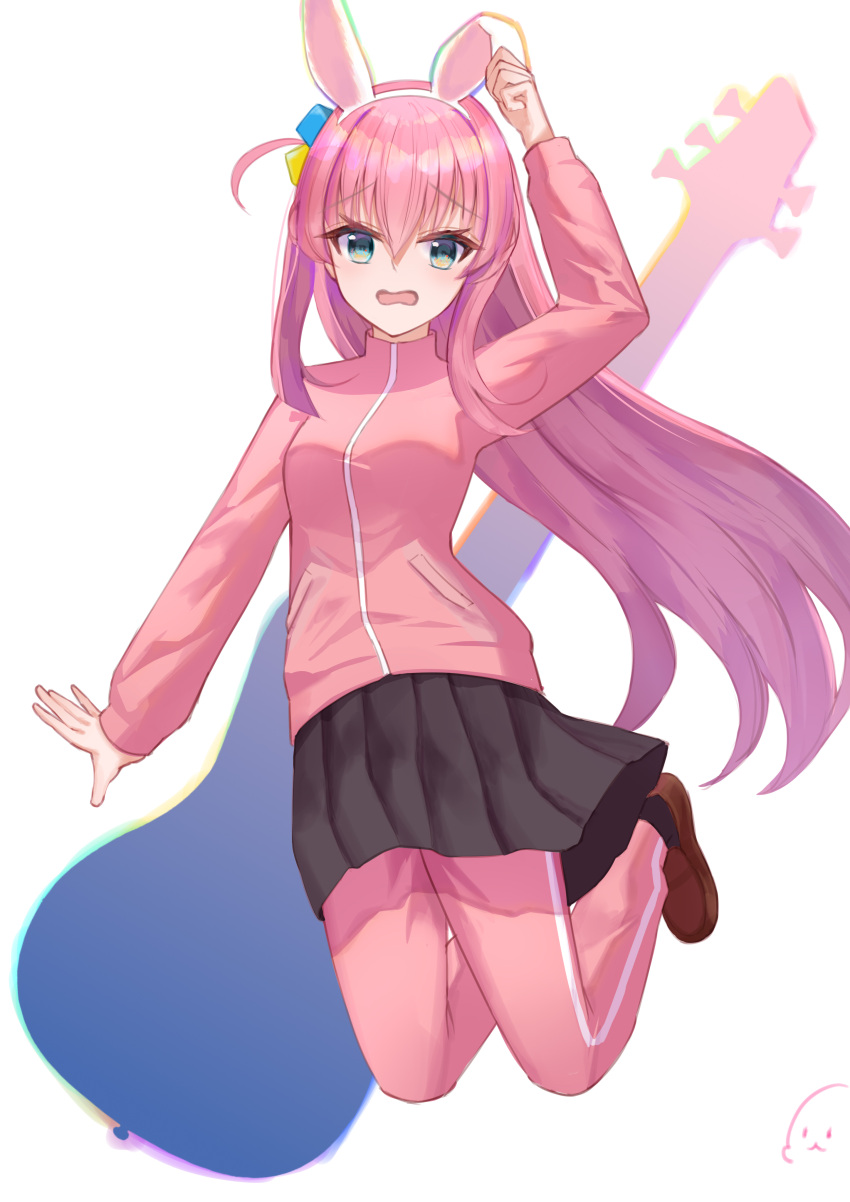 1girl, absurdres, animal_ear_hairband, animal_ears, aqua_eyes, arm_up, black_skirt, bocchi_the_rock!