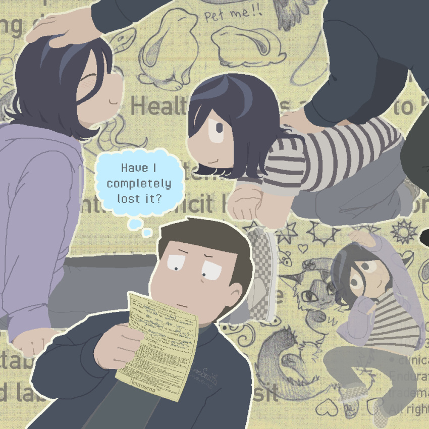 1boy, absurdres, angel_martinez, brown_hair, cat, clinical_trial_(game), closed_eyes, closed_mouth, denim, headpat, highres, holding, holding_paper, homunculus100, hood, hoodie, lee_smith, medium_hair, pale_skin, paper, shirt, shoes, short_hair, short_sleeves, smile, speech_bubble, striped_clothes, striped_shirt, t-shirt, thought_bubble, very_short_hair