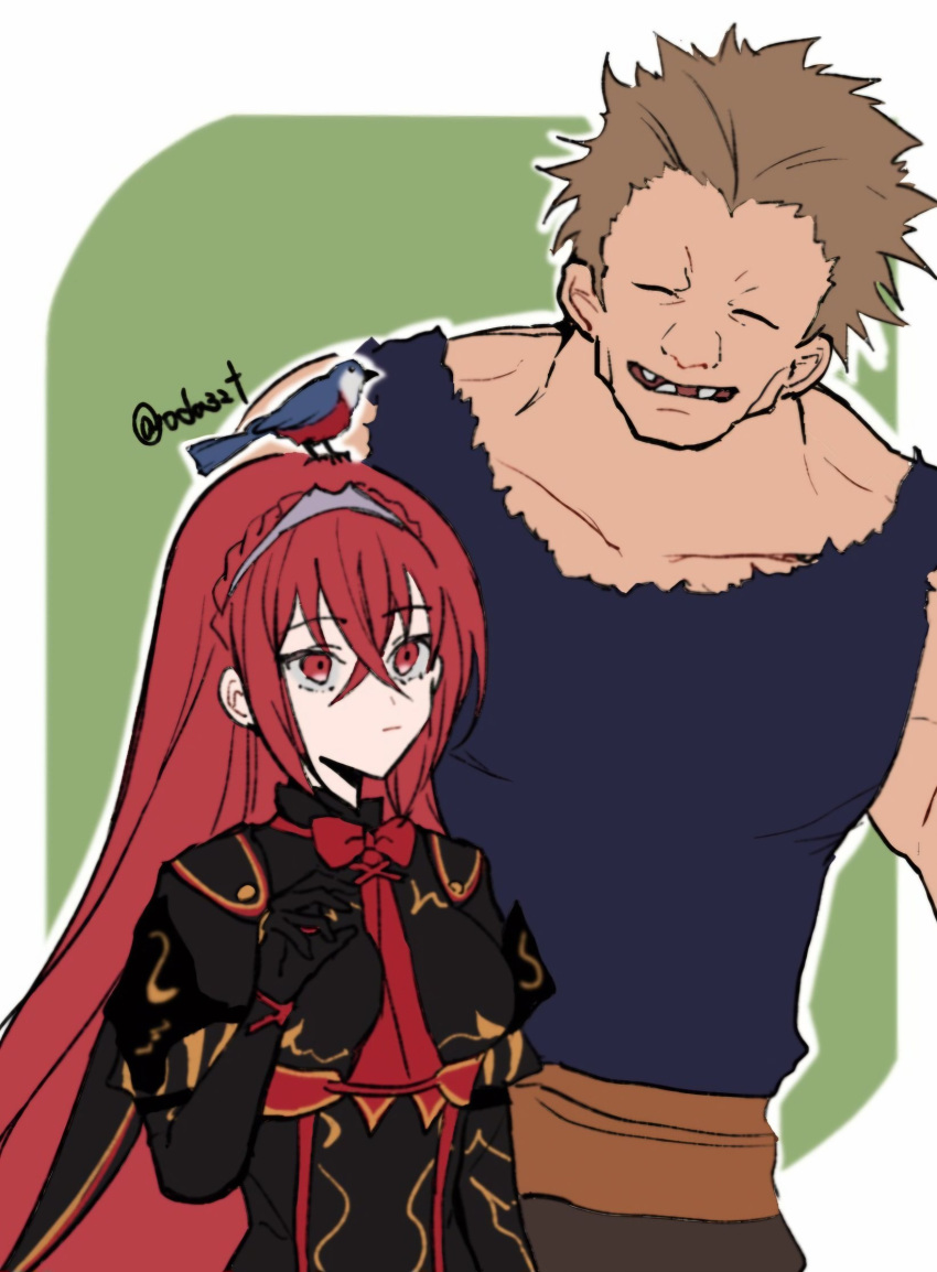 1boy, 1girl, brown_hair, crossed_bangs, dark_persona, female_alear_(fell_dragon)_(fire_emblem), female_alear_(fire_emblem), female_alear_(red_days_past)_(fire_emblem)