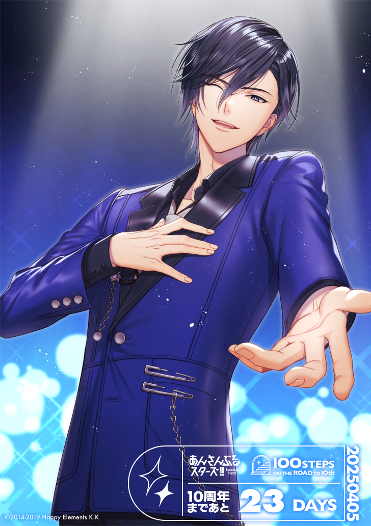 1boy, black_hair, black_pants, black_shirt, blue_background, blue_eyes, blue_jacket, blurry, blurry_background, bubble, chain, collarbone, collared_shirt, copyright_name, copyright_notice, countdown, cowboy_shot, dated, diffraction_spikes, ensemble_stars!, fingernails, from_below, gradient_background, hair_between_eyes, hand_on_own_chest, head_tilt, hidaka_seiya, jacket, light_particles, long_sleeves, looking_at_viewer, looking_down, loose_necktie, male_focus, necktie, offering_hand, official_alternate_costume, official_art, one_eye_closed, open_collar, open_mouth, outstretched_arm, pants, parted_bangs, reaching, reaching_towards_viewer, safety_pin, shirt, short_hair, smile, solo, spotlight, standing, suzunosuke_(sagula), teeth, turning_head, upper_teeth_only, white_necktie