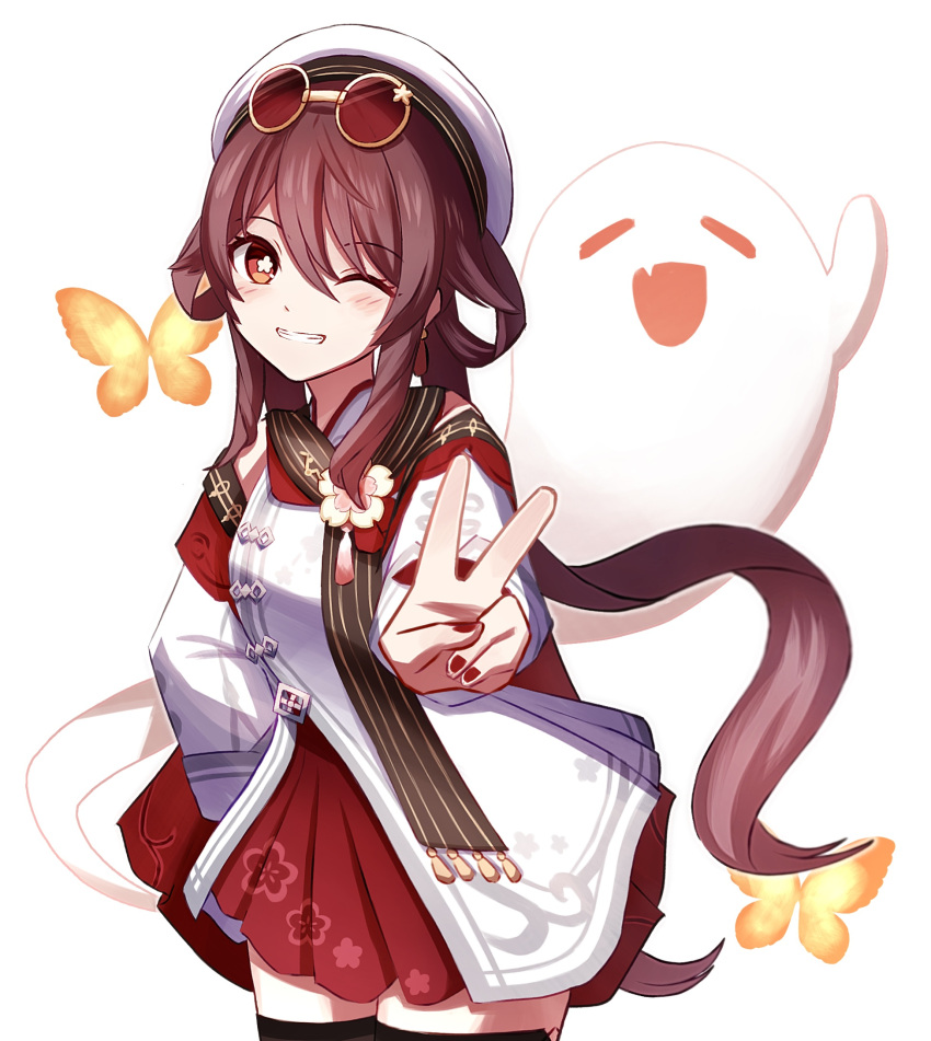1girl, boo_tao_(genshin_impact), brown_scarf, bug, butterfly, chinese_clothes, eyewear_on_head, flower-shaped_pupils, genshin_impact, ghost, hair_rings, hat, highres, hu_tao_(cherries_snow-laden)_(genshin_impact), hu_tao_(genshin_impact), light_smile, looking_at_viewer, official_alternate_costume, one_eye_closed, red-tinted_eyewear, red_nails, red_skirt, round_eyewear, scarf, skirt, solo, sunglasses, symbol-shaped_pupils, tinted_eyewear, twintails, v, white_hat, yellow-framed_eyewear, yellow_butterfly, yoi_(a27963244)