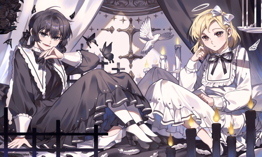 2girls, absurdres, alternate_costume, artist_name, bird, black_bow, black_bowtie, black_butterfly