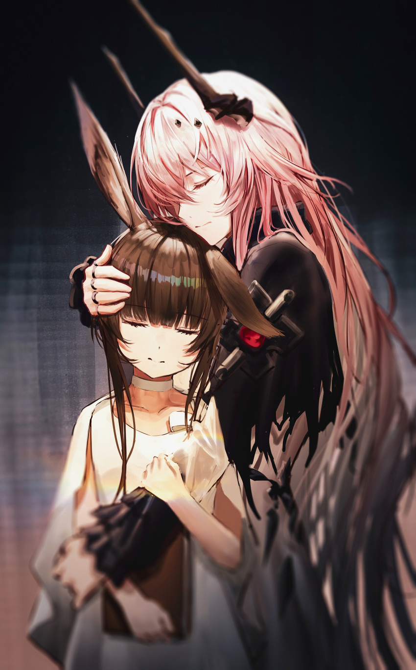 2girls, absurdres, amiya_(arknights), amiya_(young)_(arknights), animal_ears, arknights, black_dress, black_horns