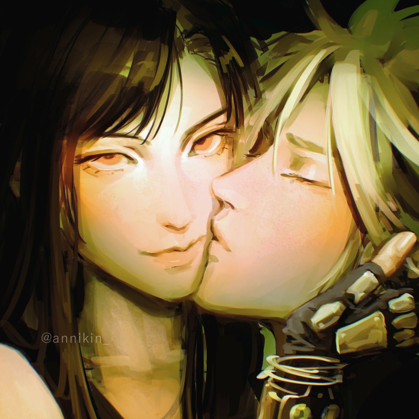 1boy, 1girl, annikin, bare_shoulders, black_background, black_gloves, black_hair, blonde_hair