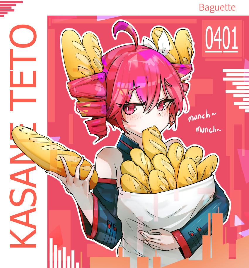 1girl, absurdres, ahoge, bag, baguette, black_sleeves, bow, bread, bright_pupils, character_name, collared_shirt, cropped_torso, detached_sleeves, drill_hair, eating, food, hair_bow, hair_ribbon, highres, holding, holding_food, hubertus_101, kasane_teto, kasane_teto_(utau), looking_at_viewer, mouth_hold, orange_background, red_background, red_eyes, red_hair, ribbon, shirt, sleeveless, sleeveless_shirt, solo, three_quarter_view, twin_drills, twintails, utau, white_bow, white_pupils, white_ribbon, wing_collar
