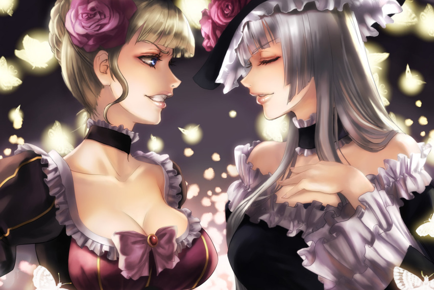 angry, beatrice, blonde_hair, blue_eyes, breasts, cleavage, closed_eyes, hime_cut