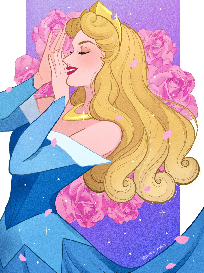 1girl, artist_name, aurora_(disney), blonde_hair, blue_dress, closed_eyes, dress, flower