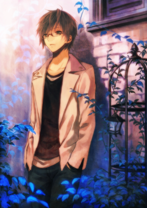 bad_id, black_hair, glasses, green_eyes, hands_in_pockets, lamp, male, mg_(3458), original, plant, solo