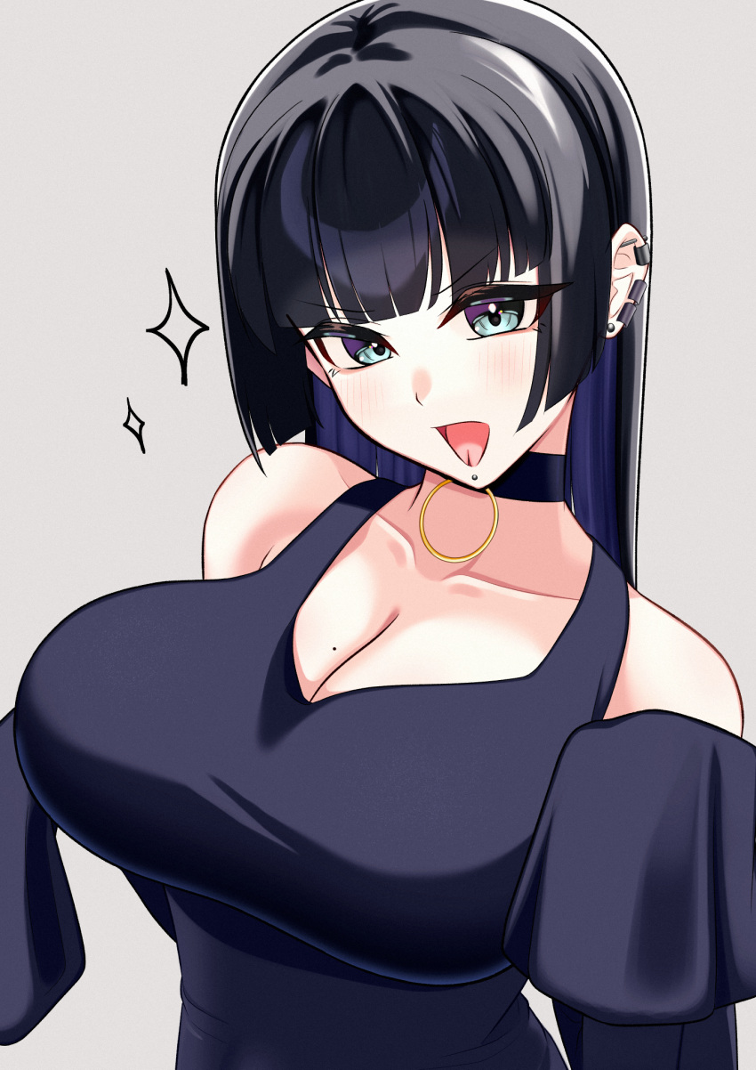 1girl, :d, aqua_eyes, barbell_piercing, bigthirteen0301, black_choker, black_dress, black_hair