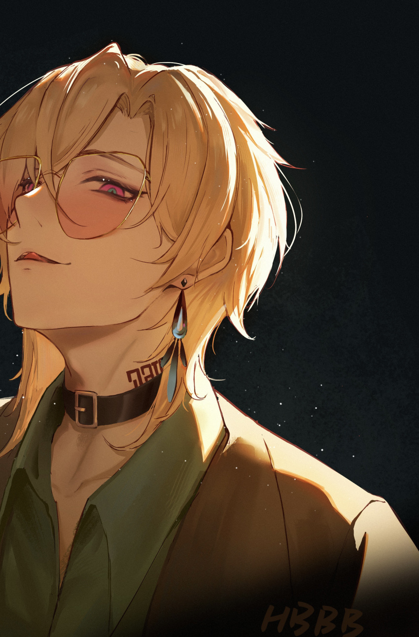 1boy, absurdres, aventurine_(honkai:_star_rail), black_background, blonde_hair, brown_jacket, chain, chain_leash