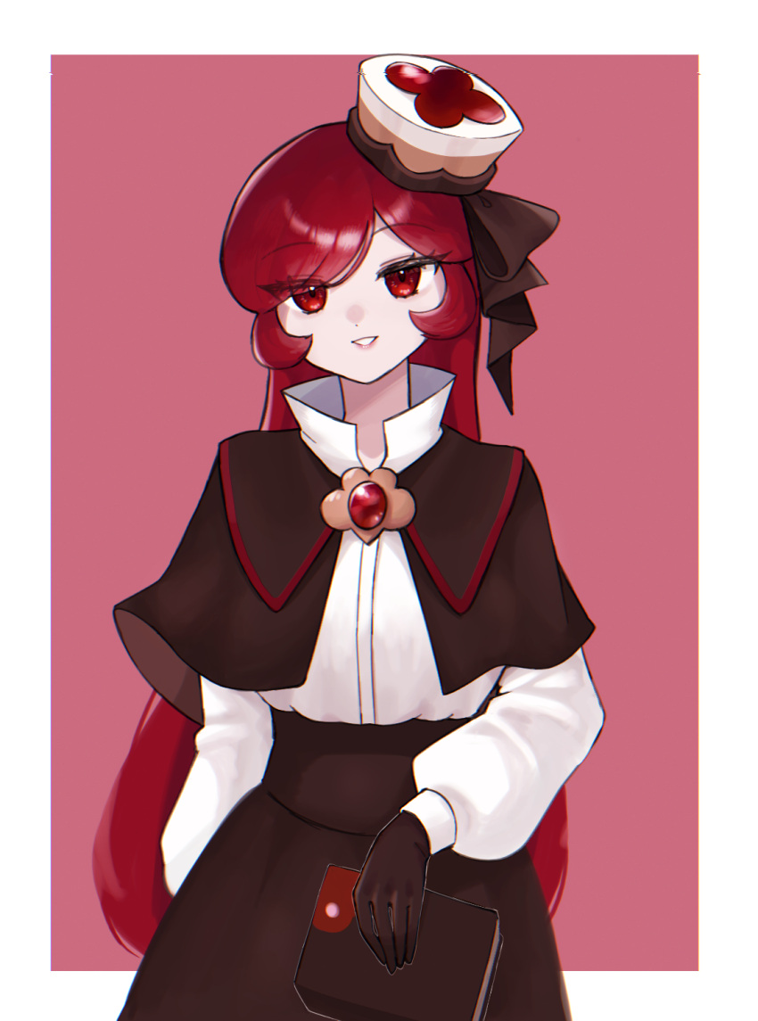 1girl, black_capelet, black_gloves, black_skirt, book, border, brooch, brown_ribbon, capelet, commentary_request, cookie_run, cookie_run:_kingdom, donarium, flat_chest, flipped_sidelocks, gloves, hat, hat_ribbon, highres, holding, holding_book, humanization, jewelry, korean_commentary, linzer_cookie, long_hair, long_sleeves, red_background, red_eyes, red_hair, ribbon, shirt, simple_background, skirt, smile, solo, very_long_hair, white_border, white_shirt