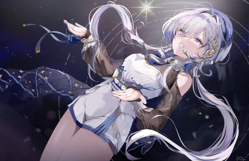 1girl, absurdres, bare_shoulders, blue_hat, blue_nails, blue_streaks, clothing_cutout, commentary_request