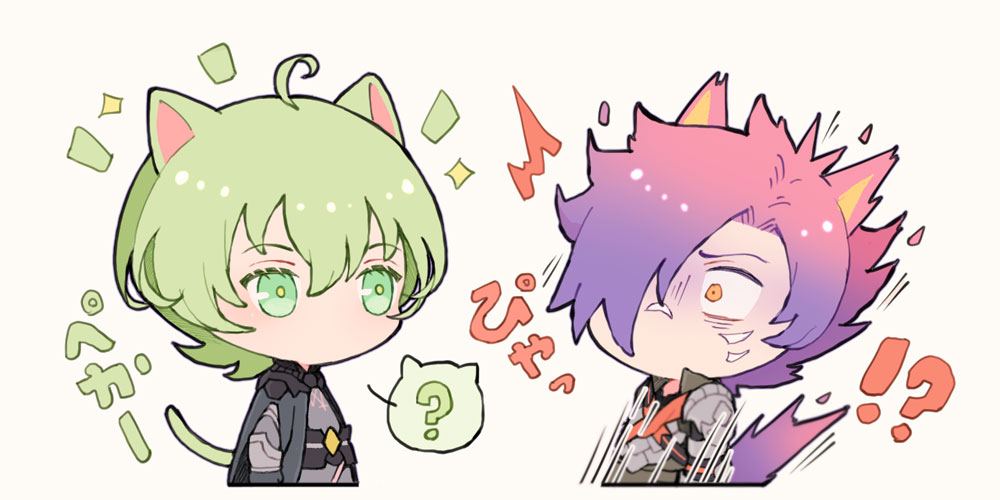 2boys, ahoge, animal_ears, armor, black_armor, black_cape, cape, cat_boy
