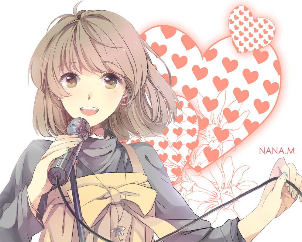 brown_eyes, brown_hair, bust, copyright_request, flower, heart, microphone, microphone_stand