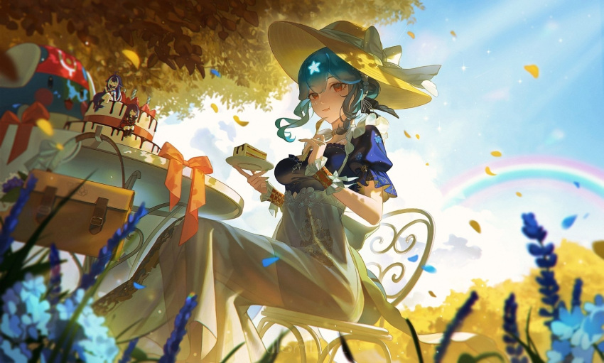 1girl, akuma_nihmune, bag, bao_(vtuber), blue_dress, blue_hair, blue_sky, blurry