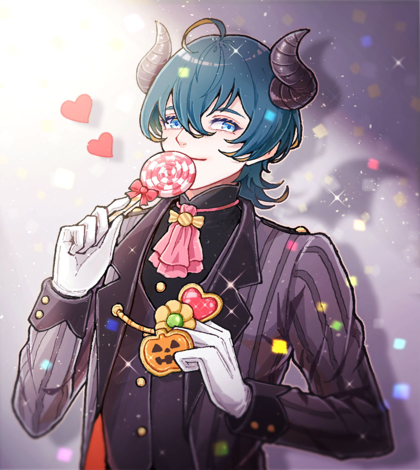 1boy, arm_up, ascot, black_horns, black_shirt, black_vest, blue_eyes, buttoned_cuffs