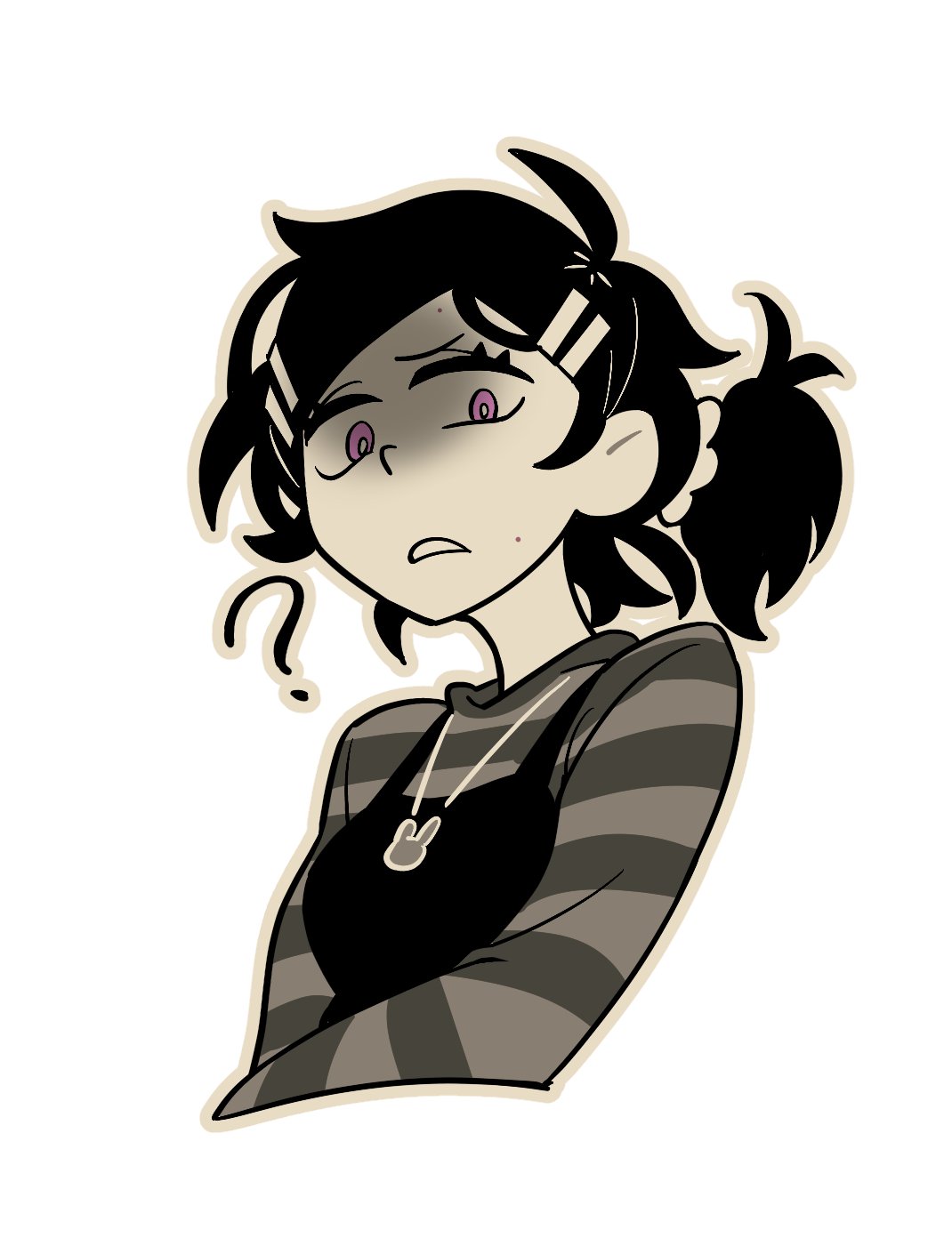 1girl, ?, aged_down, ashley_graves, basilcopperhand, black_hair, bright_pupils, grey_shirt