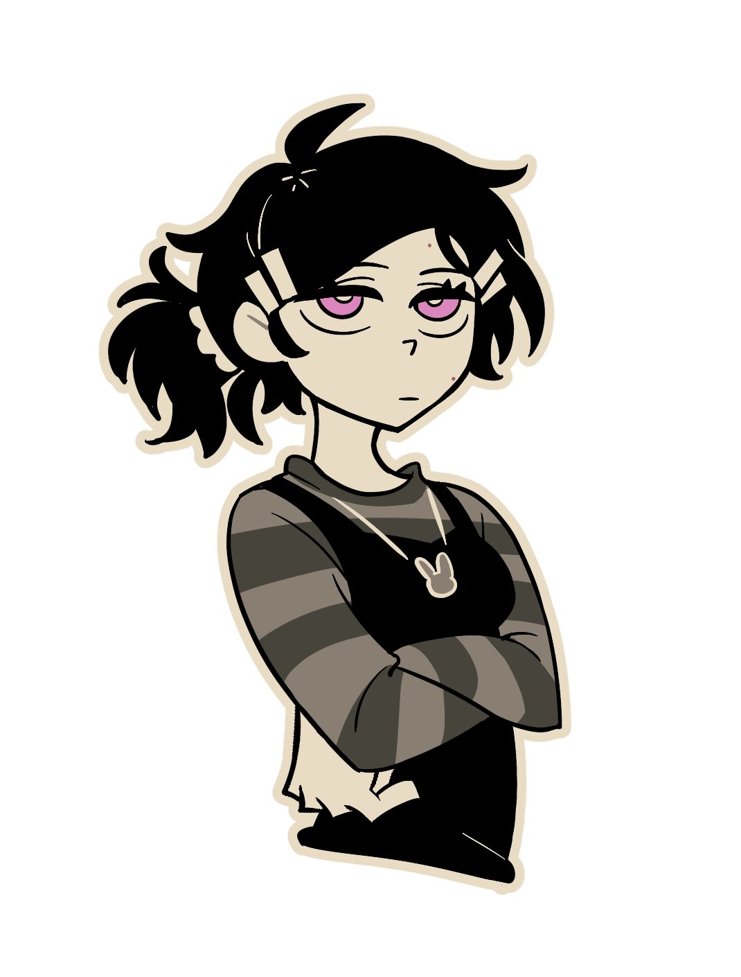 1girl, aged_down, ashley_graves, basilcopperhand, black_hair, bright_pupils, grey_shirt, greyscale, highres, jewelry, monochrome, necklace, pink_eyes, shirt, simple_background, solo, spot_color, striped_clothes, striped_shirt, the_coffin_of_andy_and_leyley, two-tone_shirt, upper_body, white_background, white_pupils