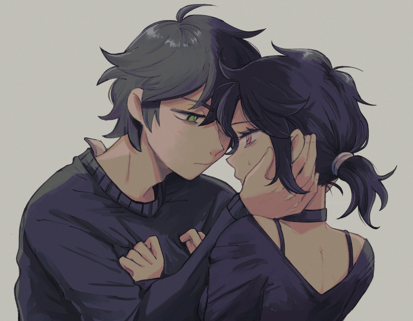 1boy, 1girl, andrew_graves, ashley_graves, assf_krsya, black_choker, black_hair, black_sweater