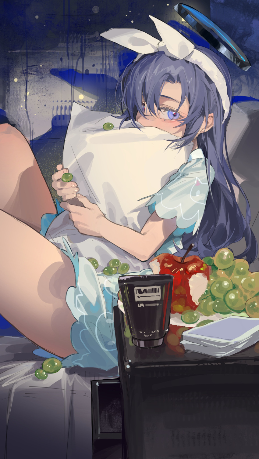 1girl, absurdres, apple, aqua_pajamas, black_halo, blue_archive, blue_eyes, blue_hair, blue_pajamas, blue_shirt, blush, breasts, food, fruit, grapes, hairband, halo, highres, long_hair, looking_at_viewer, mechanical_halo, official_alternate_costume, omurice_(304975636), open_mouth, pajamas, pillow, print_pajamas, purple_hair, shirt, short_sleeves, shorts, solo, violet_eyes, white_hairband, yuuka_(blue_archive), yuuka_(pajamas)_(blue_archive)