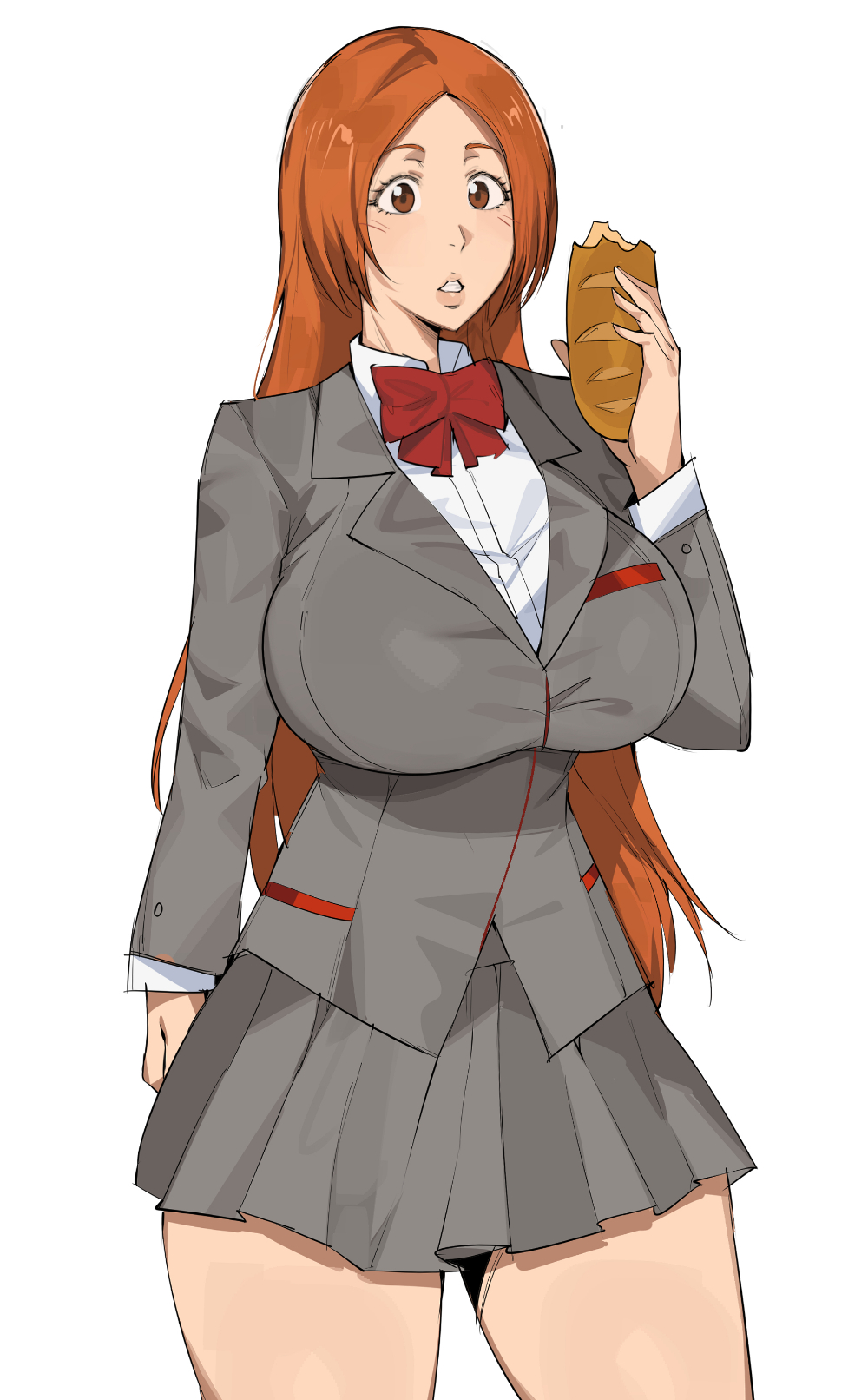 1girl, bleach, bow, bread, breasts, brown_eyes, brown_hair, dr_octojuice