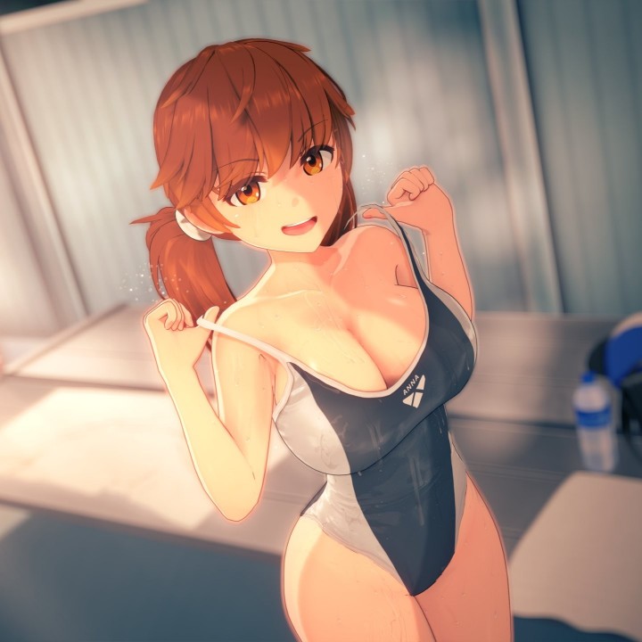 1girl, 3d, anna_anon, anna_skyler_(anna_anon), breasts, brown_hair, koikatsu_(medium), looking_at_viewer, non-web_source, one-piece_swimsuit, orange_eyes, short_twintails, solo, swimsuit, thighs, twintails