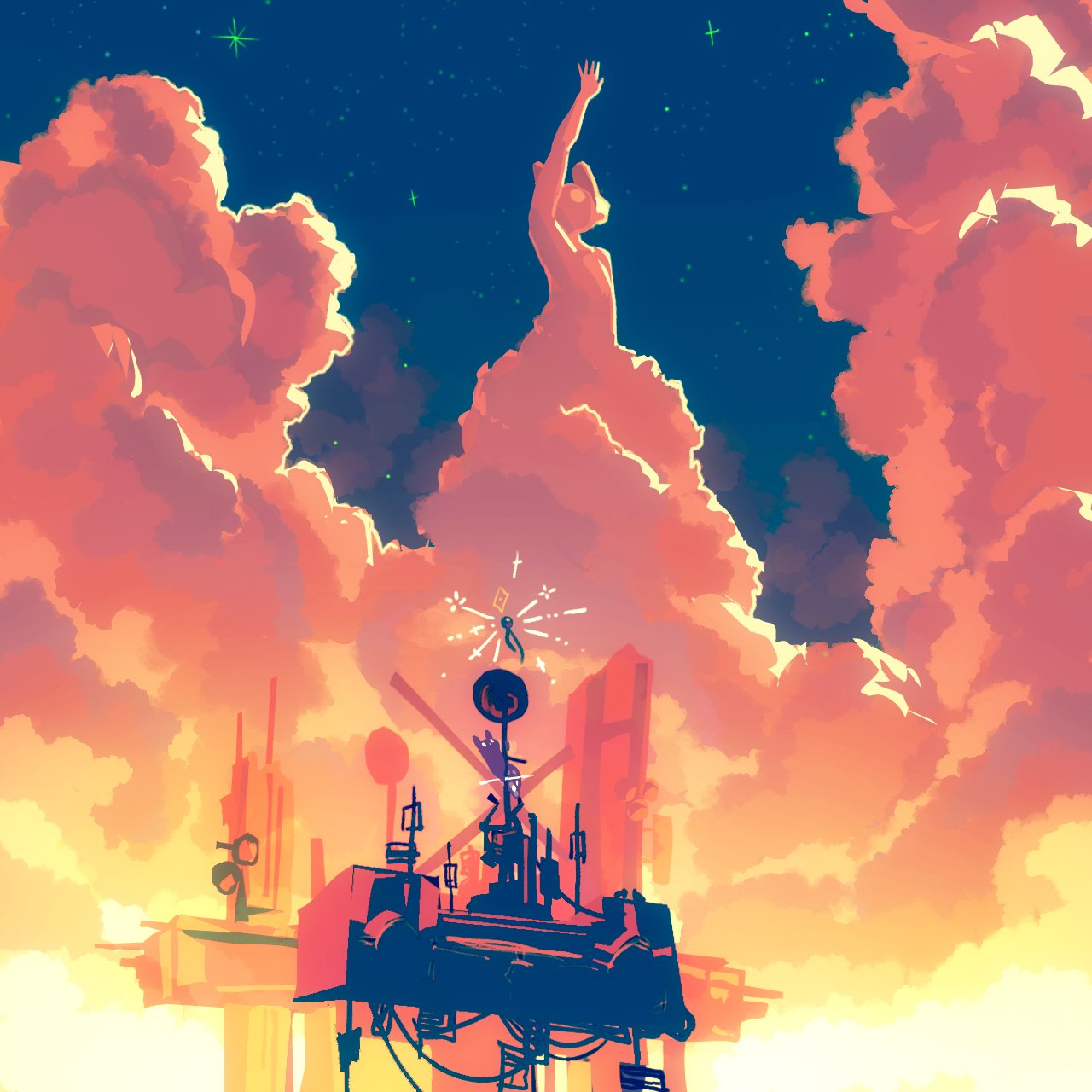 arm_up, building, clouds, cloudy_sky, creature, english_commentary, highres, holding